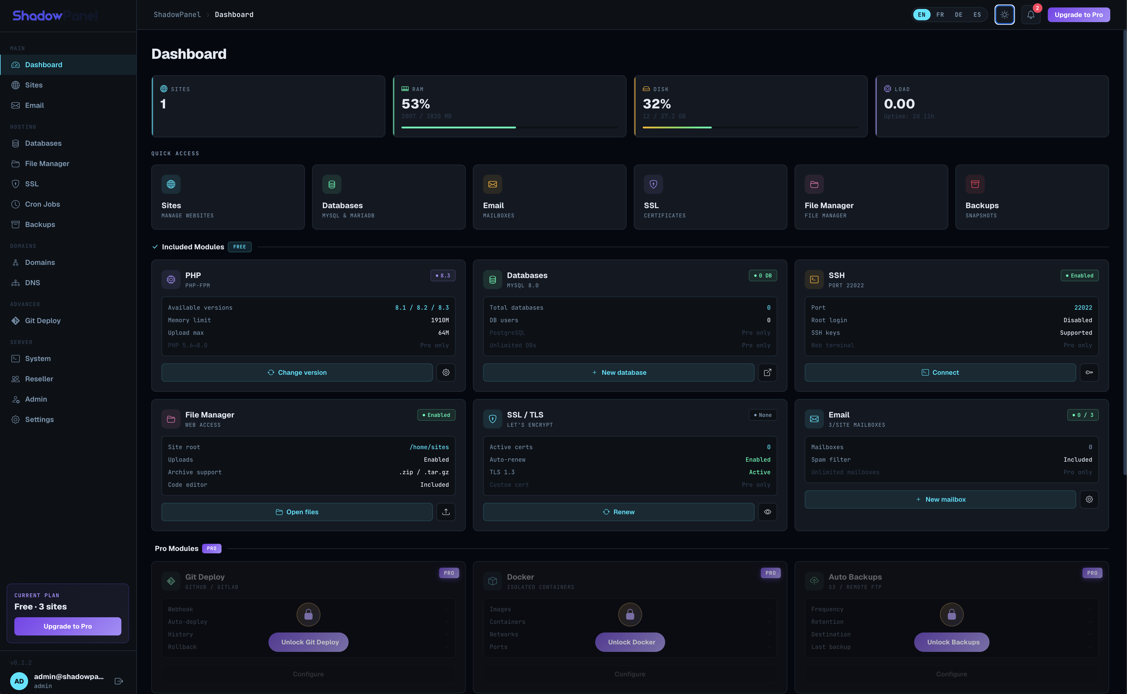 ShadowPanel dashboard in dark mode
