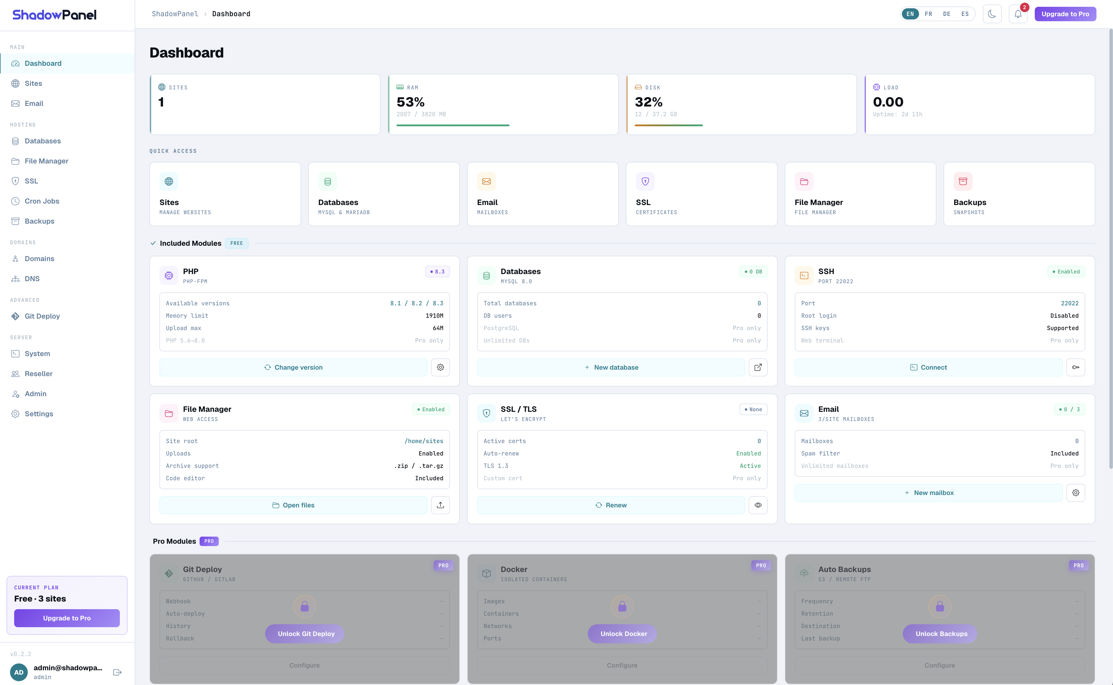 ShadowPanel dashboard in light mode